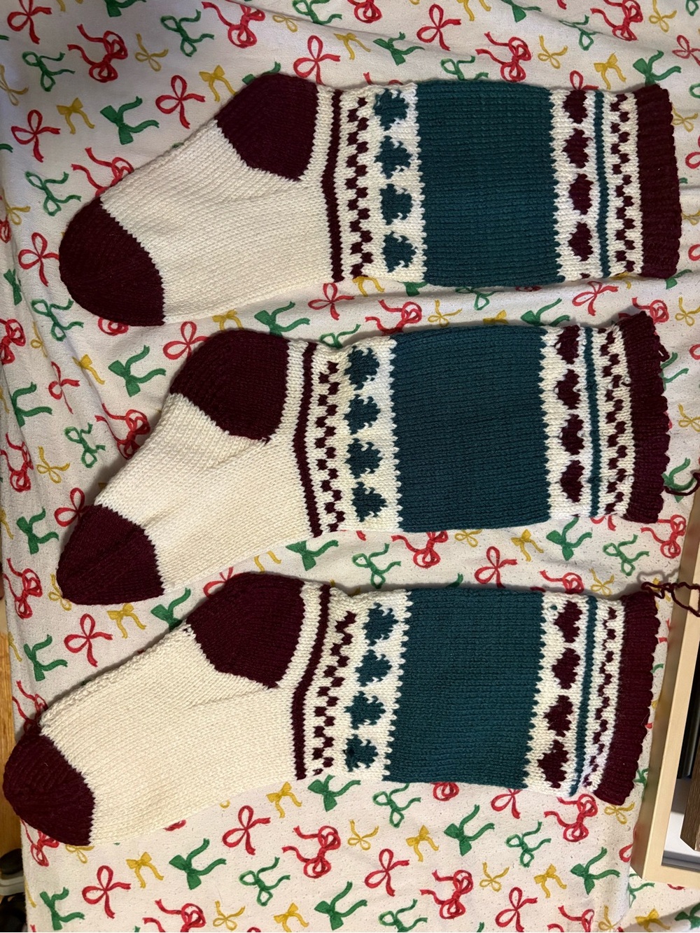 Hand-Knit Patterned Crew Socks - Cream, Teal & Burgundy